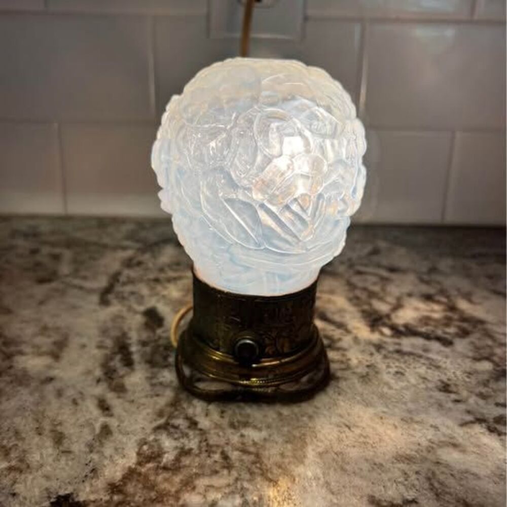 Vintage Opalescent Glass Rose Accent Lamp with Ornate Brass Base